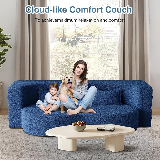 2 in 1 Convertible Folding Sofa BedTeddy Fleece Lazy Lounge SofabedFoam Folding Floor Sofa Bed78 Full Size Memory Foam Couch for Living Room Guestroom No Assembly Required Sofabed(Blue)