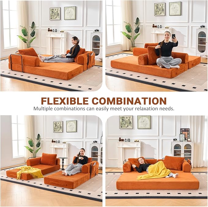 79 Convertible Sofa Bed 5-in-1Boneless Couch for Living Room with 2 Pillows Corduroy Folding Sleeper Sofa Bed Boneless Cloud Loveseat Futon Sofa Bed for Living Room Bedroom Lounge Orange