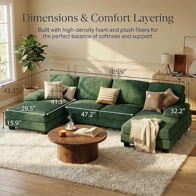 Homall Modular Sectional U Shaped Sofa Couches for Living Room Comfy Chenille 4 Seat Sofa Set with Removable Pillows Lounge Chaise Upholstered Couch for Apartment (Chenille Green)