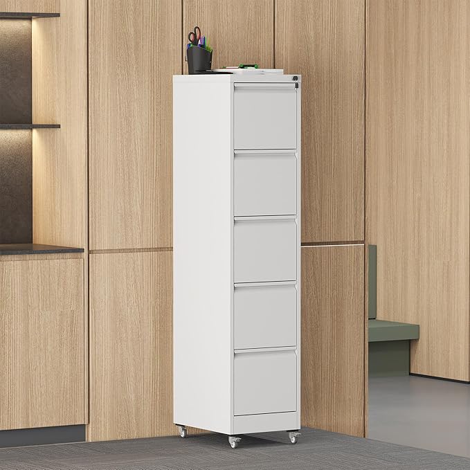 5 Drawer Small File Cabinet with Lock on Wheels Heavy Duty Metal Storage Cabinet Organizer Under Desk Locking Drawers for Home OfficeWhite