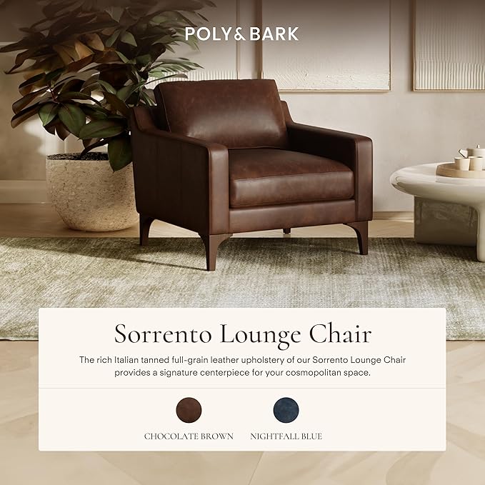 Poly &amp BARK Sorrento Leather Lounge Chair – Full-Grain Chocolate Brown Leather Upholstery with Feather-Blend Cushions – Modern Upholstered Accent Chair for Bedroom or Living Room – Lounge Seating