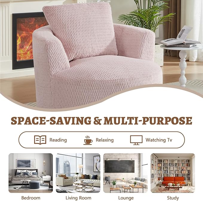 39.4 Wide Swivel Accent Chair Modern 360° Rotating Barrel Chair with Metal Base Club Single Sofa Chenille Armchair for Living Room Bedroom Reading Room Office (Pink)