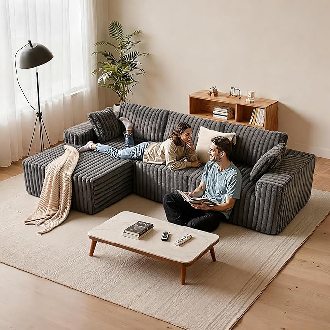 Apicizon 113 Boneless Sectional Couch for Living Room L Shaped Sectional Sofa Couch with Chaise Longue 3 Deep Seat Modular Sofa for ApartmentNo Assembly Required (Plush Corduroy Gray)