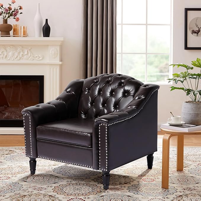 AVZEAR Chesterfield Sofa Chair Mid-Century Modern Armchair PU Fabric Single Sofa Chair with Nailhead Trim and Button Tufted for Living Room Office Bedroom Brown