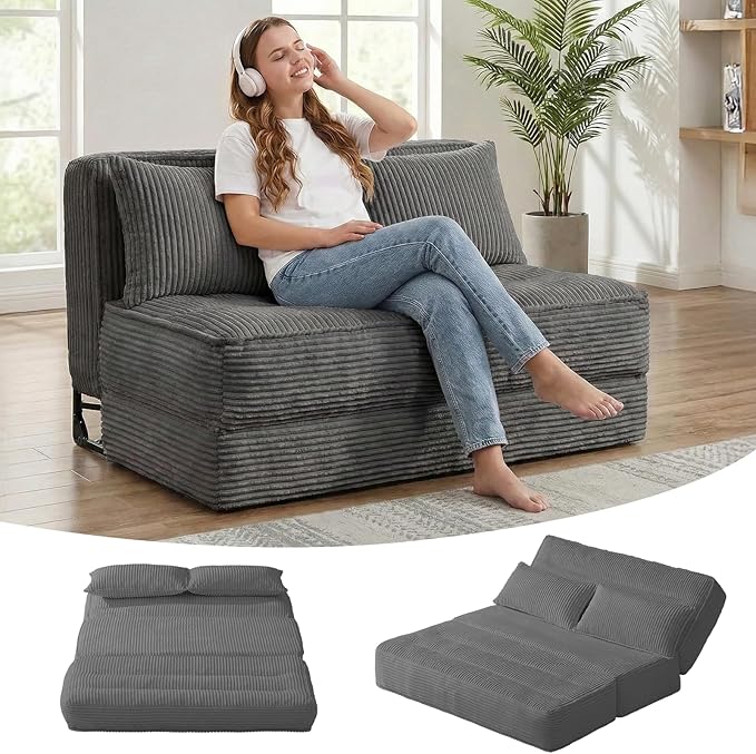 Convertible Folding Sofa Bed with Fixed FrameBoneless Couch Loveseat Sleeper with 5-Position Adjustable Backrest &amp Thickened CushionFuton Couch with 2 Pillows for BedroomSmall Spaces