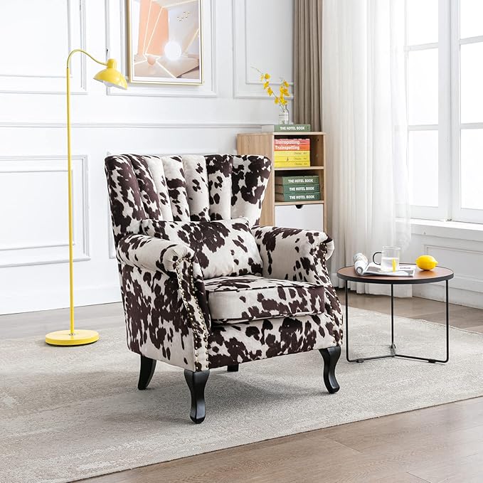 Accent Reading Arm Chairs Midcentury Modern Comfy Corner Sofa Chair Wingback Waiting Room Club Chair with Channel Back for Living Room/Bedroom/Reception Room Fabric Cow