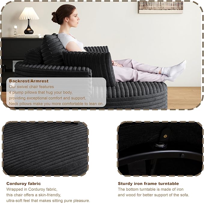 TTK 55” Oversized Corduroy Swivel Chair Fluffy 360° Rotating Sleeper Armchair with Pillows &amp Headrest Full Foam Barrel Chair for Living Room Bedroom Reading Nook Lounge or ApartmentBlack