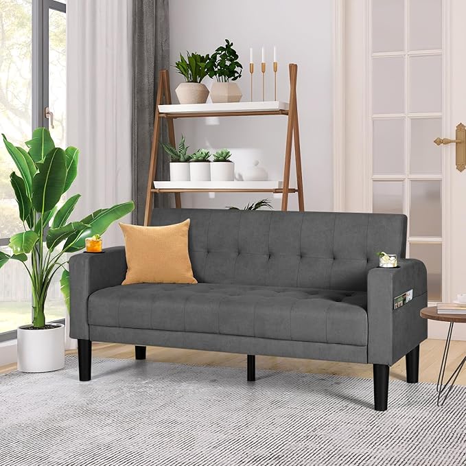 AILEEKISS 62 Loveseat Couches Upholstered Fabric Linen Love Seat Sofas Couch with 2 USB Cup Holders Side Pocket Modern Tufted Sofa for Living Room Office Bedroom Apartment (2-Seat Dark Grey)