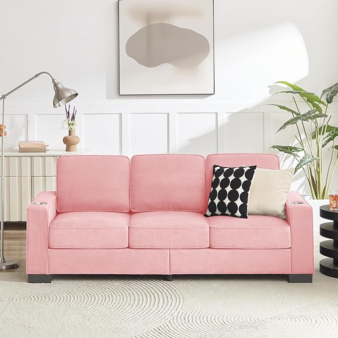 Aoowow 83.86” Modern 3-Seater Sofa Couch Upholstered Snowfleece Fabric Couches Comfy Sofas with 2 Cup Holders for Living Room Apartment OfficePink-Velvet