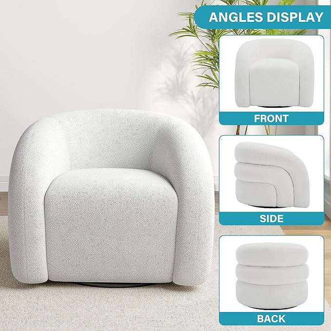 UIXE Swivel Barrel Accent Chair Boucle Upholstered Arm Chair for Living Room Modern Round Armchair Comfy Reading Sofa Seat with Solid Metal Base Fully Assembled - White