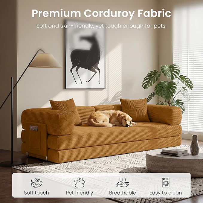 Convertible Floor Sofa Couch | 98.4’’ Folding Futon Sofa with Storage Pocket Oversized Corduroy Loveseat Sleeper Sofa with Pull Out Bed Modular Sectional Sofa for Apartment | Yellow
