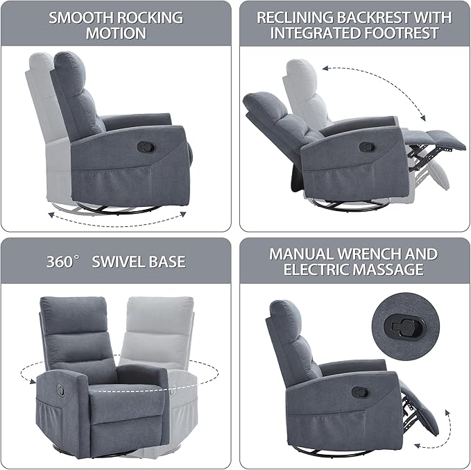 PELUMY Manual Recliner Chair 360° Swivel Glider and Rocker Recliner with 155° Recline Compact Fabric Recliner for Small Space Nursery Living Room Bedroom No Tools Assembly (Grey)
