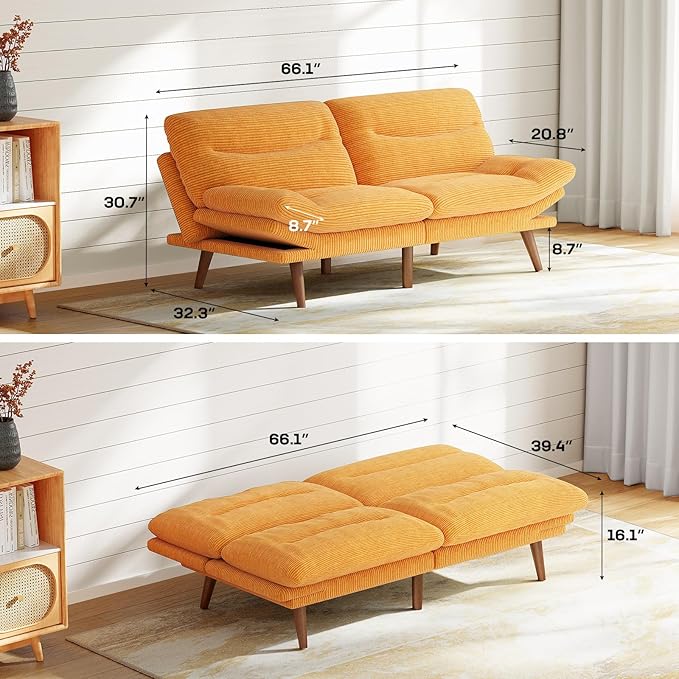 Marsail Futon Sofa Bed 66” Futon Couch with Adjustable Backrest &amp Armrests Convertible Small Sleeper Sofa Bed for Small Apartments Study Room Office Corduroy Loveseat Yellow