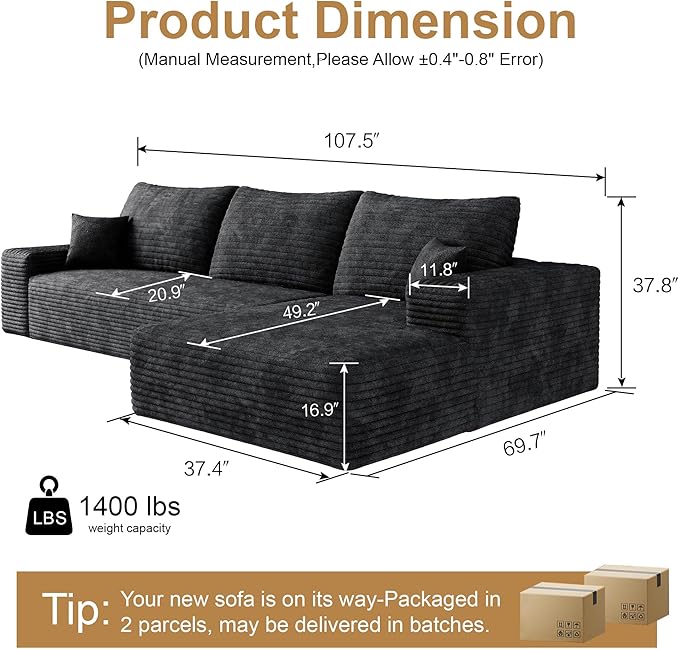108’’Cloud Couch Sectional with L-Shape Chaise Modern Modular Sectional Sofa Boneless Couch with Deep Seat Modern Upholstered Couches for Living Room (Black 108''W Right Facing Chaise)