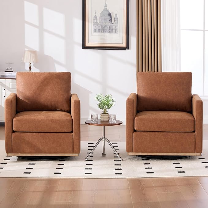 Aoiy &amp Wifon 30.7 W Swivel Accent Chair Set of 2 Mid Century Modern Swivel Chairs for Living Room Comfy Small Accent Chair PU Leather Brown