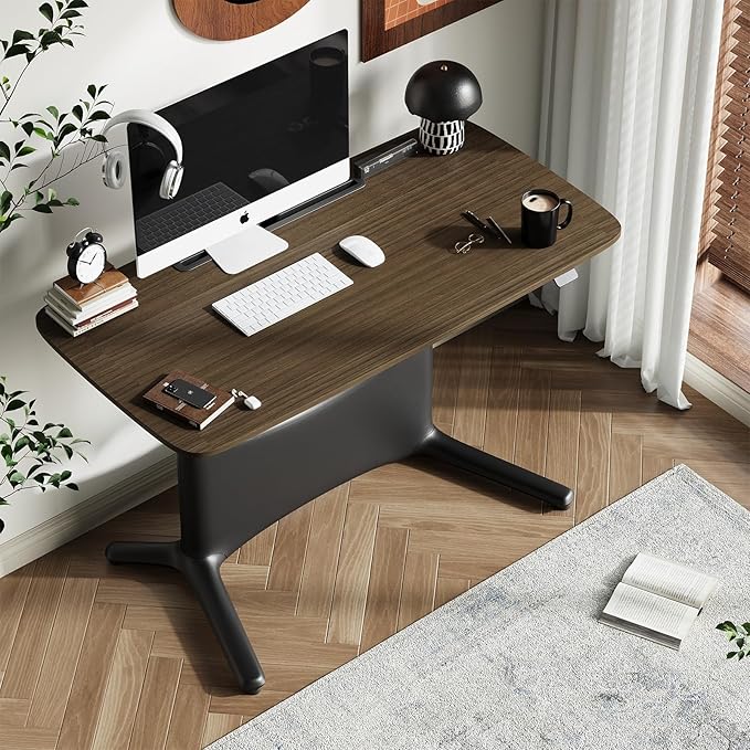 COLAMY Electric Adjustable Standing Desk – 48 x 28 Inch Sit Stand Desk with Drawer &amp Cable Management Dual Motor Lift System Ergonomic Footrest Home Office Table (MFC Desktop Walnut + Black)