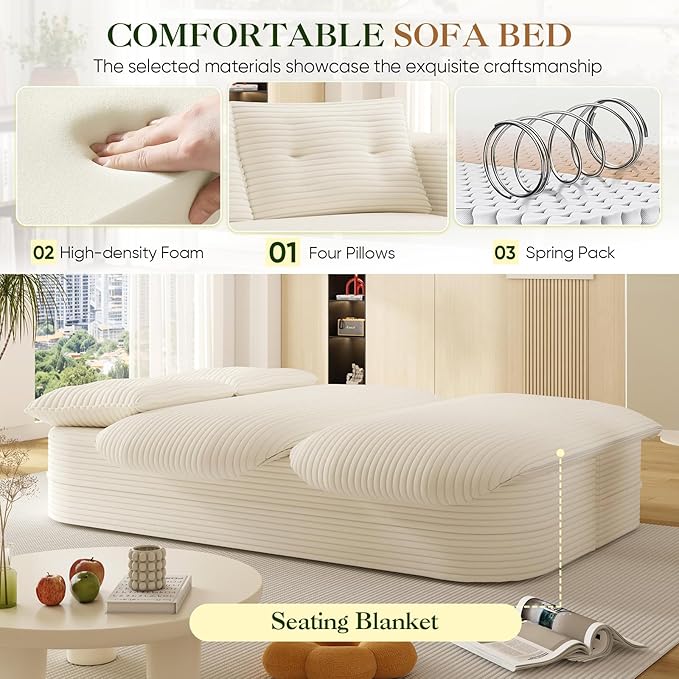 Convertible Sleeper Sofa Modern 78-inch Folding Futon Corduroy Floor Foam Compression Loveseat Sofa Bed Couch Foldable Full Size Guest Bed with 2 Pillows for Living Room Bedroom Apartment Beige