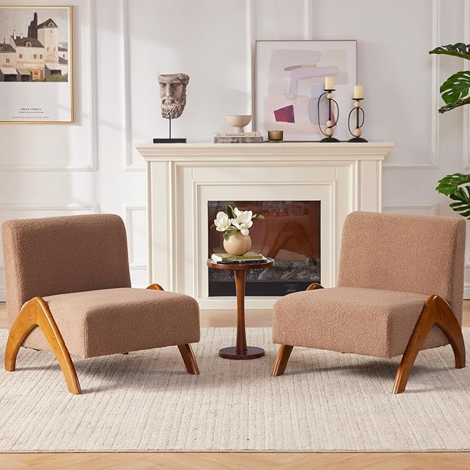 Oversized Accent Chair upholstered armless mid Century Modern Living Room Chair with Wooden Legs for Bedroom/Office/Cafe Sherpa Brown