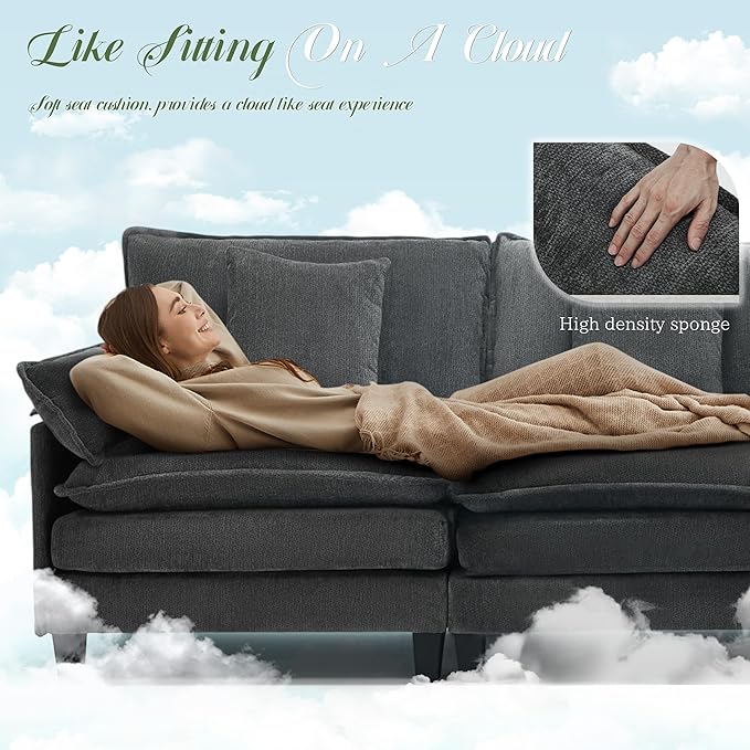 Cloud Couch 140 Modular Sectional Sofa with Movable Ottoman U Shaped Modern Sofa with Pillows Deep Seat Couches for Living Room Bedroom and Apartment Comfy Couch Grey