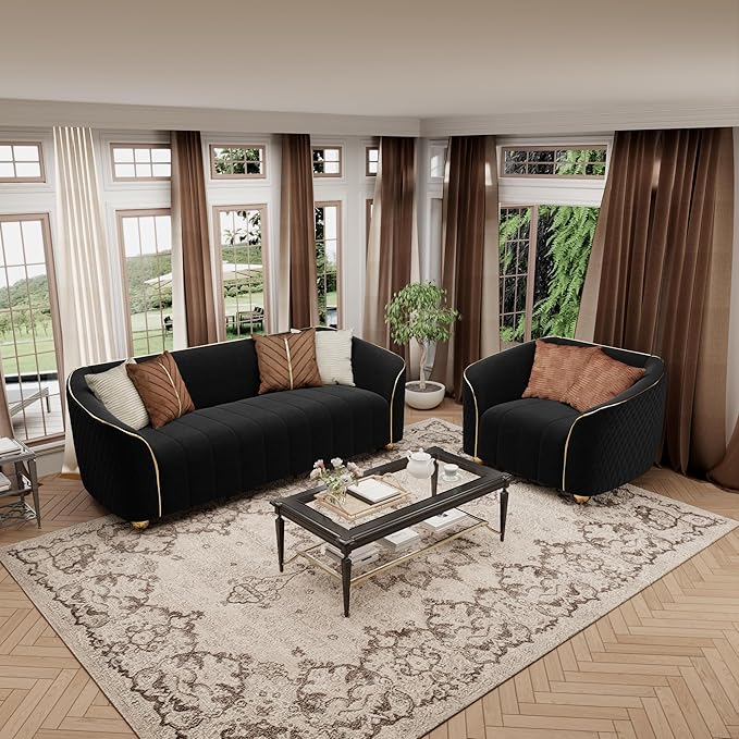 1-Piece Luxury Velvet Sofa Set for Living Room Elegant Design with Diamond-Stitched Armrests &amp Gold Trim Modern Black Couch Set with Golden Metal Legs (Black 1 Seater)
