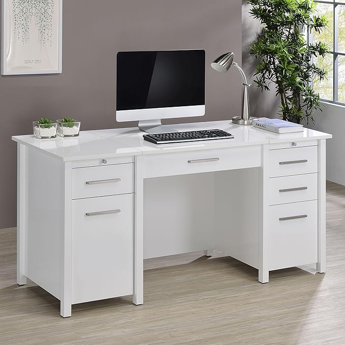 Coaster Home Furnishings - Dylan - Engineered Wood - 60-Inch Lift-Top Office Desk Includes 4 Drawers with Full-Extension Glide and 2 Pull-Out Trays - Home Office - White High Gloss - 801573
