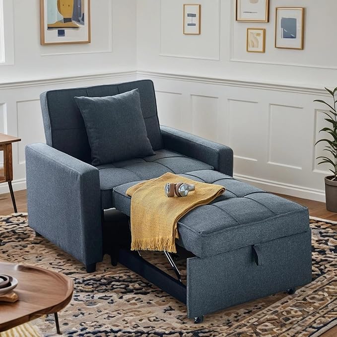 3-in-1 Convertible Sleeper Chair Pullout Chair with Extra Pillow Recliner Sofa Bed with 4 Adjustable Angles Convertible Lazy Sofa Bed for Small Spaces Home Office Blue