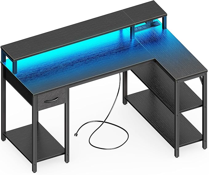SUPERJARE 47 inch L Shaped Gaming Desk with LED Lights &amp Power Outlets Reversible Computer Desk with Shelves &amp Monitor Stand Corner Desk with Drawer for Home &amp Office Black