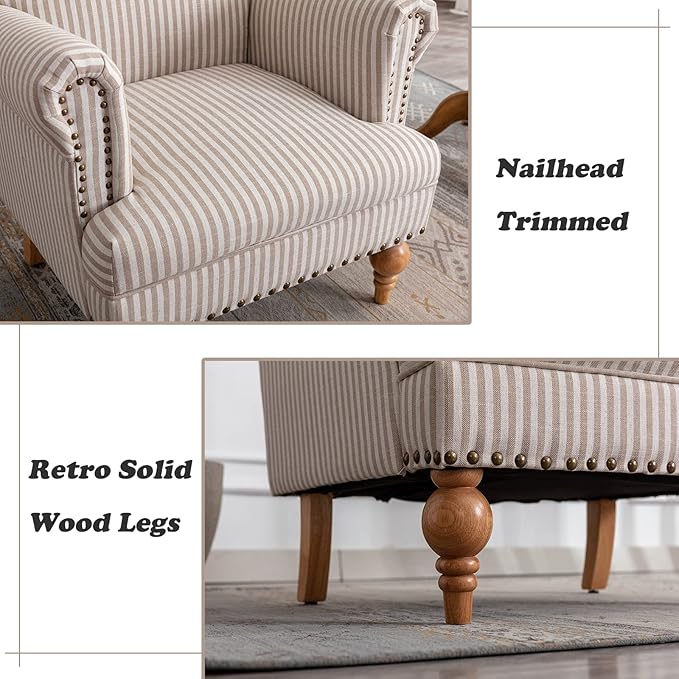 Linen Accent Chair Mid-Century Modern Living Room Armchair with Nailhead Trim &amp Wood Legs Comfy Upholstered Single Sofa Chair for Lounge/Bedroom/Reception Khaki Stripe
