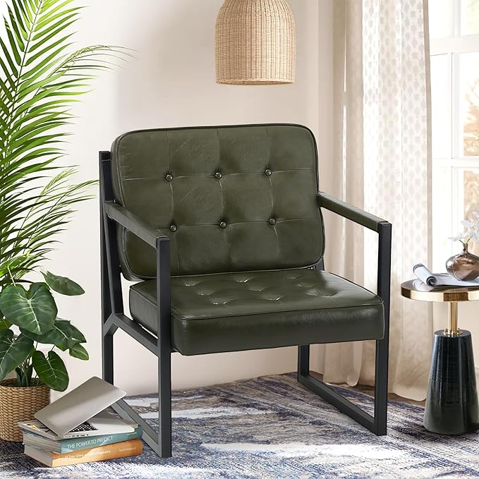 COLAMY Accent Chairs Set of 2 Modern Accent Arm Chairs for Living Room Comfy Leather Armchairs with Metal Legs for Reception Waiting Room Office Lobby Green