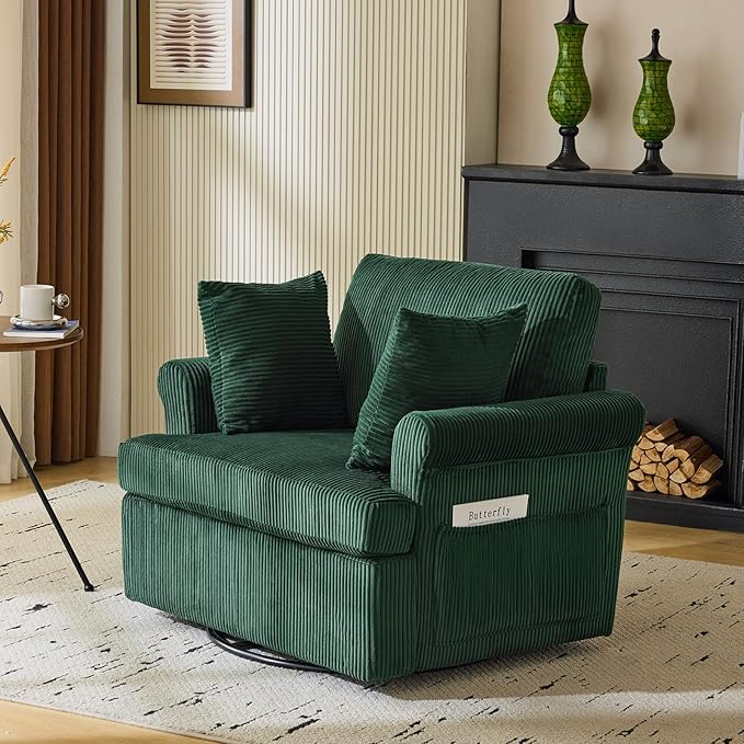 Karl home 39 Swivel Accent ChairOversized Seat Armchair W/2 Pillows and 4 PocketsModern Upholstered Corduroy Barrel ChairsComfy Single Sofa for Living RoomReadingBedroom and Office-Dark Green