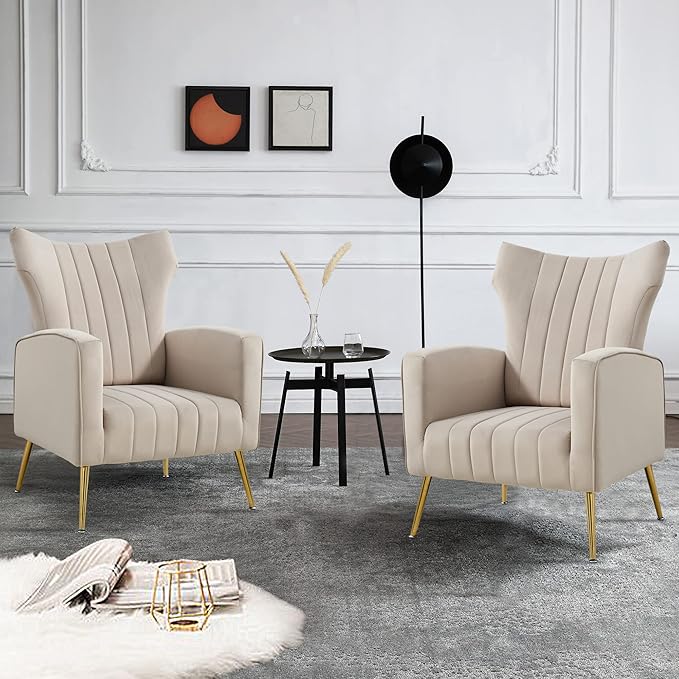 Generic Modern Velvet Accent Chair with Arms Wingback Reading Chair with Gold Metal Legs Comfy Upholstered Single Leisure Sofa for Living Room Bedroom ClubVelvetGrey