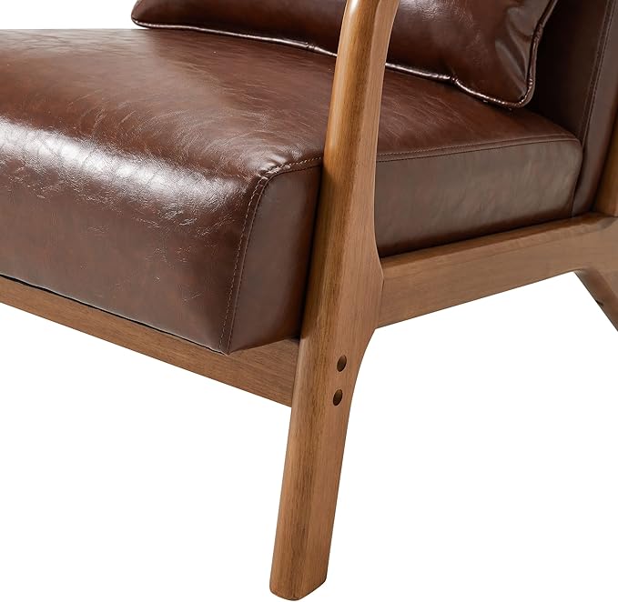 Glitzhome 2 Set Mid Century Coffee Accent Armchair Single Reading Armchair PU Leather Lounge Chair with Walnut Ruberwood Frame