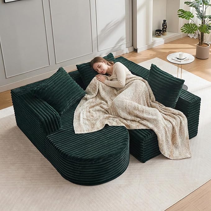 Boneless Cloud Couch Modular Sectional Sofa L-Shape with Chaise 102 Soft Faux Fur Deep Seat &amp 3 Pillows &amp 2 Side Pockets for Living Room Bedroom (Green Left Chaise)