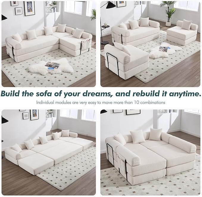 10-in-1 Folding Convertible Sofa Bed 141 Inch Boneless Couch with Fixed-Shape Frame Corduroy Modular Sectional Sofa Mattress Sleeper Sofa Floor Sofa Futon Couch for Living Room (Beige)