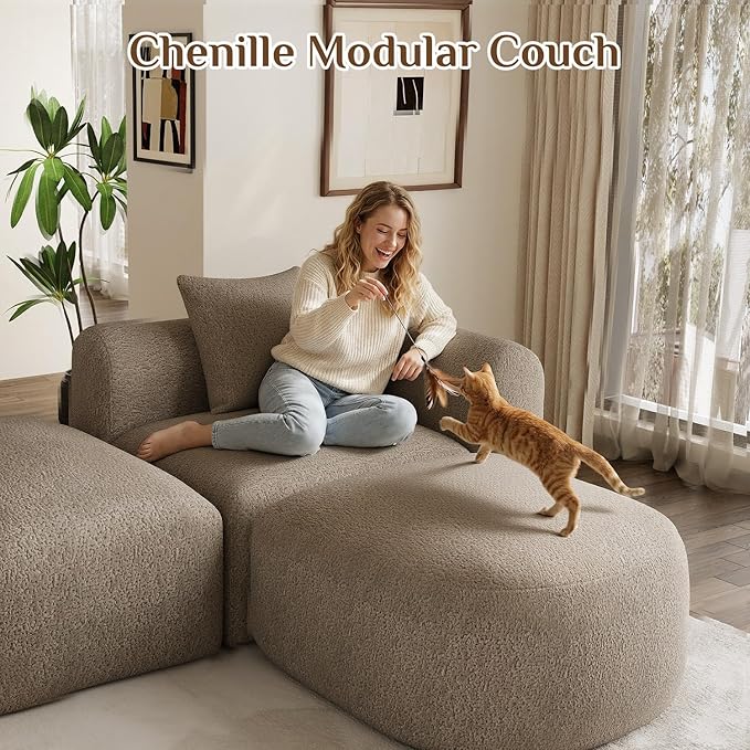 120 Curved Sectional Sofa Brown Cloud Couch Boneless Modular Sectional Couch for Living Room Oversized L Shaped Curved Couches Comfy Modern Sofa Plush Chenille with Ottoman Brown
