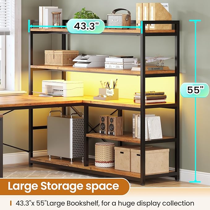 SEDETA L Shaped Desk with Storage Shelves 63” Reversible U Shaped Office Desk Gaming Desk with Power Outlet and LED Lights for Home Office Rustic Brown