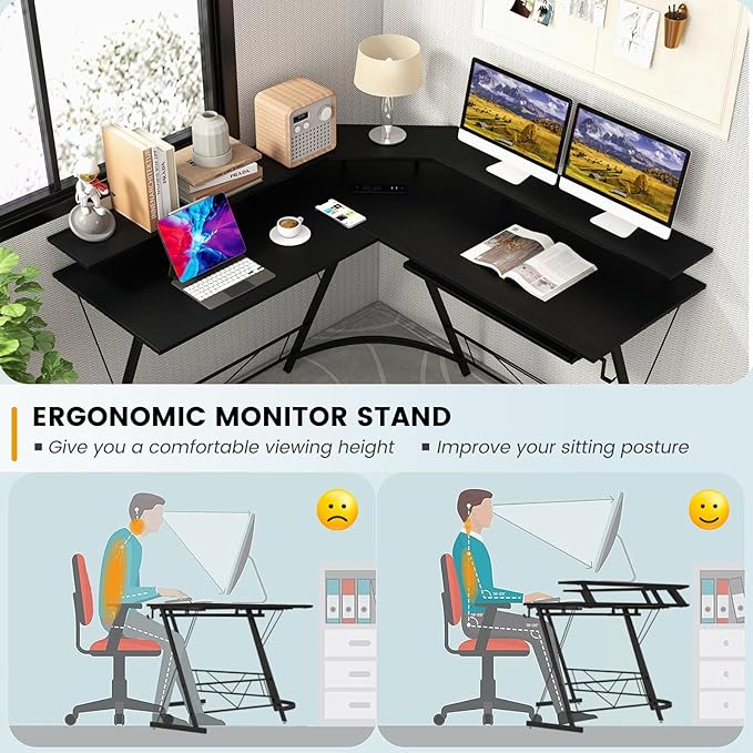 Tangkula L-Shaped Computer Desk with Power Outlet 51 Corner Computer Workstation with Monitor Stand Keyboard Tray &amp Headphone Hook Ergonomic Gaming Desk for Home Office (Black)