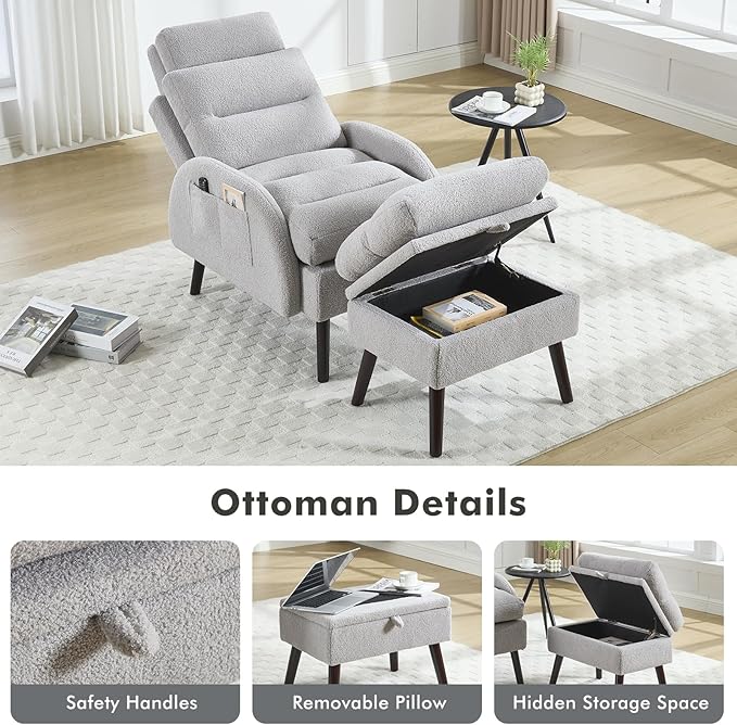 Accent Chair with Ottoman Set Comfy Teddy Reading Chair and Ottoman Modern Oversized Lounge Armchair with Adjustable Backrest for Living Room Bedroom Light Grey
