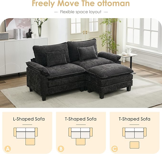 URRED Cloud Couch Modular Sectional Sofa 87 Modern L Shaped Deep Seat Sofa with Ottoman &amp Pillows Ultra Comfy Chenille Couches for Living Room Bedroom or Apartment Black