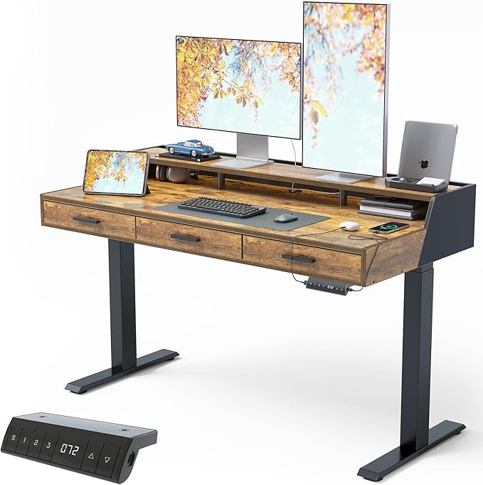 CubiCubi Standing Desk 55x26 Inches with 3 Wood Drawers and Monitor Shelf Ergonomic Rising Home Office Desks Height Adjustable Computer Desk Sit Stand Up Electric Workstation Table Antique Brown