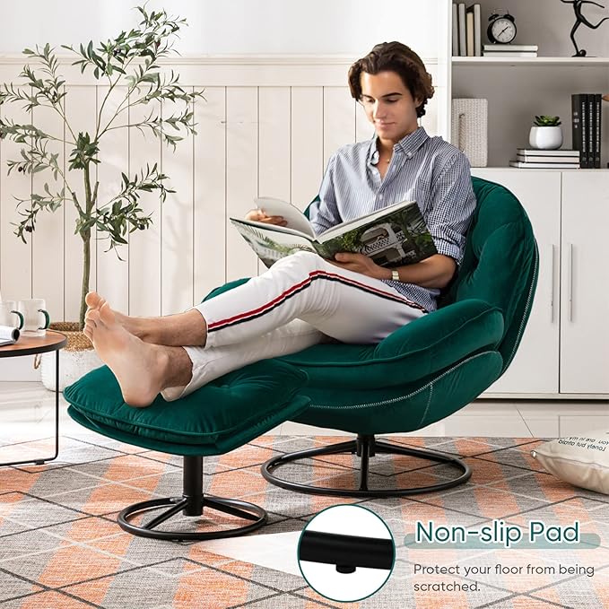 Velvet Swivel Accent Chair with Ottoman Tufted Upholsterd Comfy Lounge Chair with Metal Base &amp Footrest Modern Single Sofa Reading Side Chair with 360 Rotation for Living Room (Green)