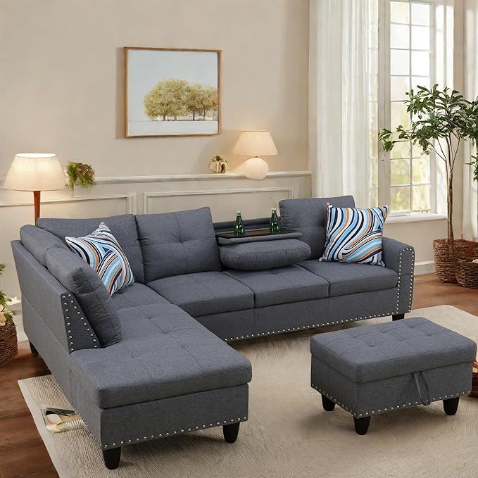 FONTOI L Shaped Sectional Couch with Otttoman 97 Leather Sectional Sofa for Living Room Modular Couches with Cup Holders for Bedroom Apartments Grey