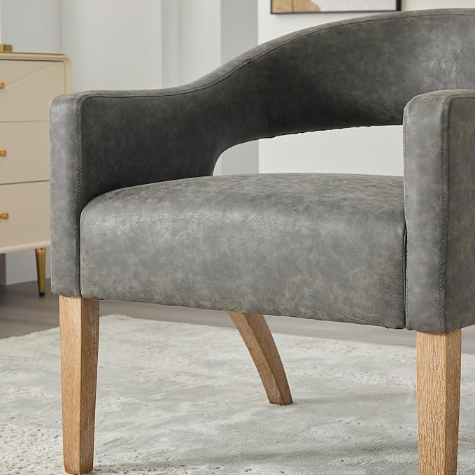 Modern Accent Chair Upholstered PU Leather Barrel Armchairs with Rubberwood Legs Comfy Lounge Arm Chair Hollow-Out Side Club Chair for Living Room Bedroom Office (Gray-Wide)