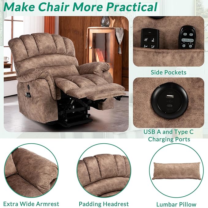 VIVIJASON Tall Man Large Dual Motor Power Lift Recliner Chair with Extended Footrest Overstuffed Lay Flat Sleeper Electric Recliner W/Heat &amp Massage Lumbar Pillow USB &amp Type-C Ports Plush