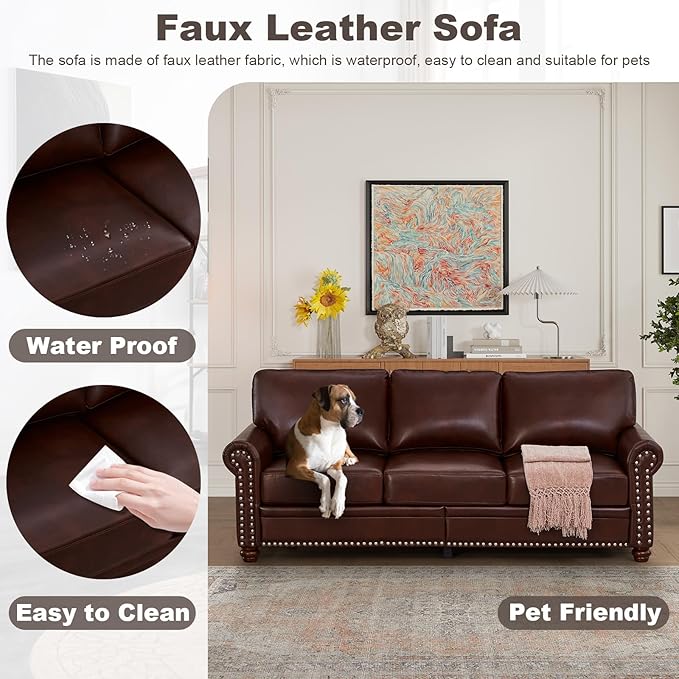 2 Piece Faux Leather Sofa SetModern Chair and Couch Sets with StorageMid Century Couch with Rivet Rolled ArmComfy Deep Seat SofaFurniture for Living RoomOffice(Armchair+3 SeaterBurgundy)