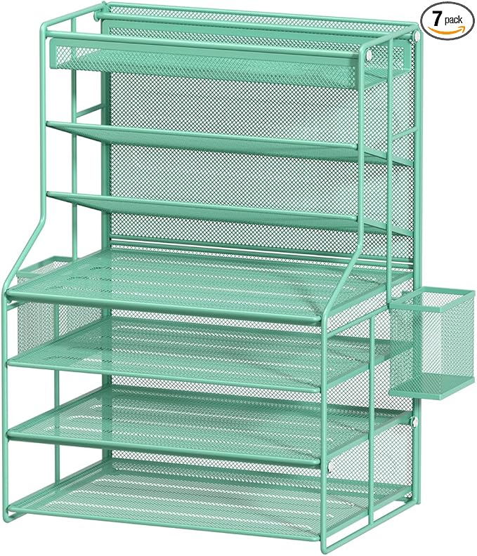 7 Tier Desk File OrganizerMetal Document Holder with Adjustable Shelves Pull-Out Drawer &amp Removable Pen Holder for Office OrganizationGreen