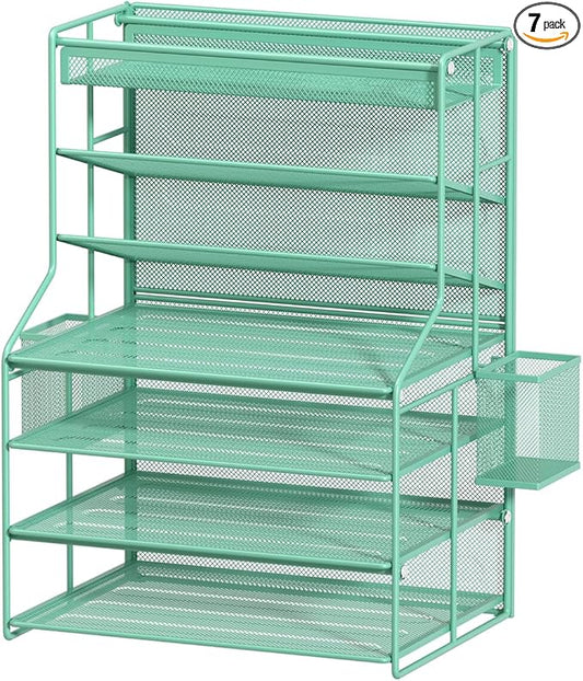7 Tier Desk File OrganizerMetal Document Holder with Adjustable Shelves Pull-Out Drawer &amp Removable Pen Holder for Office OrganizationGreen
