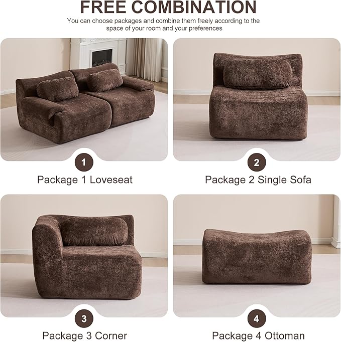 Multiple Modular Boneless Couches for Living Room Cloud Sectional Sofa with Comfy Deep Seat Oversized L-Shaped Convertible Couch with Ottoman for Bedroom Apartment 4 Modules Combined Chocolate