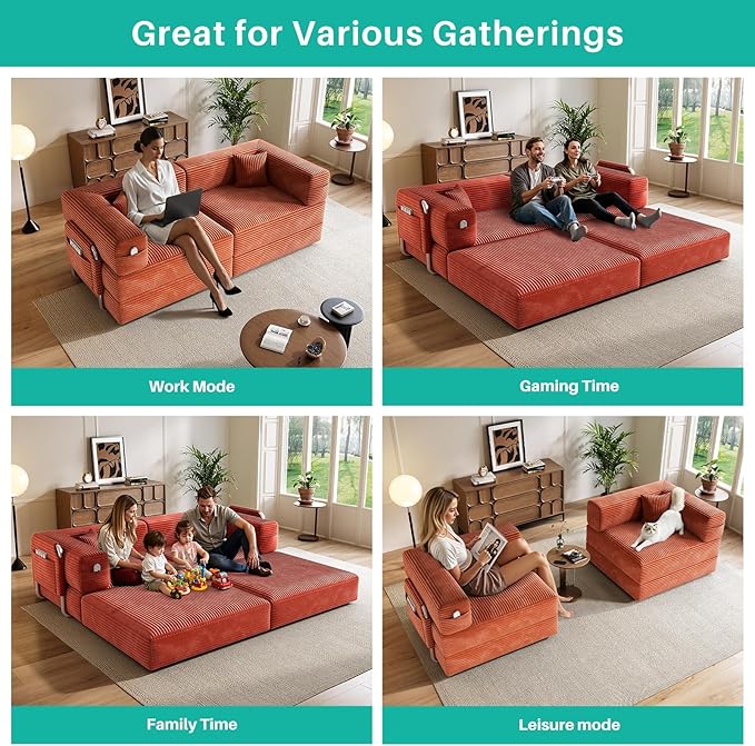 78 Compressed Convertible Sofa Bed Modular Corduroy Loveseat Sleeper with Fixed-Shape Frame Folding Mattress Couch with 2 Pillows for Living Room Bedroom Small Spaces No Assembly Needed Orange