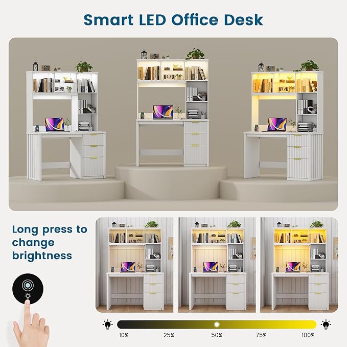 Standing Desk with LED Light for Office Room Smart Computer Desk with Hutch and Drawer for Game RoomModern Study Table with 2AC Port Charging Station/Lamp/for Bedroom (White)
